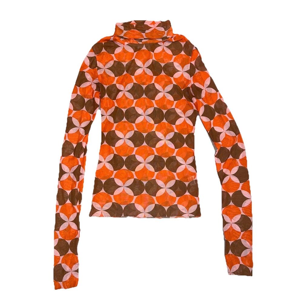 Shes So Fresh S Small Y2K Sheer Mesh Turtleneck Top Retro Hippie Festival Orange
